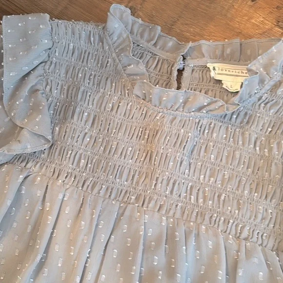 Love Riche Blue Gray Smocked Dress. Sheer Chiffon Long Sleeve Women’s Sz-L. EUC - Picture 5 of 9